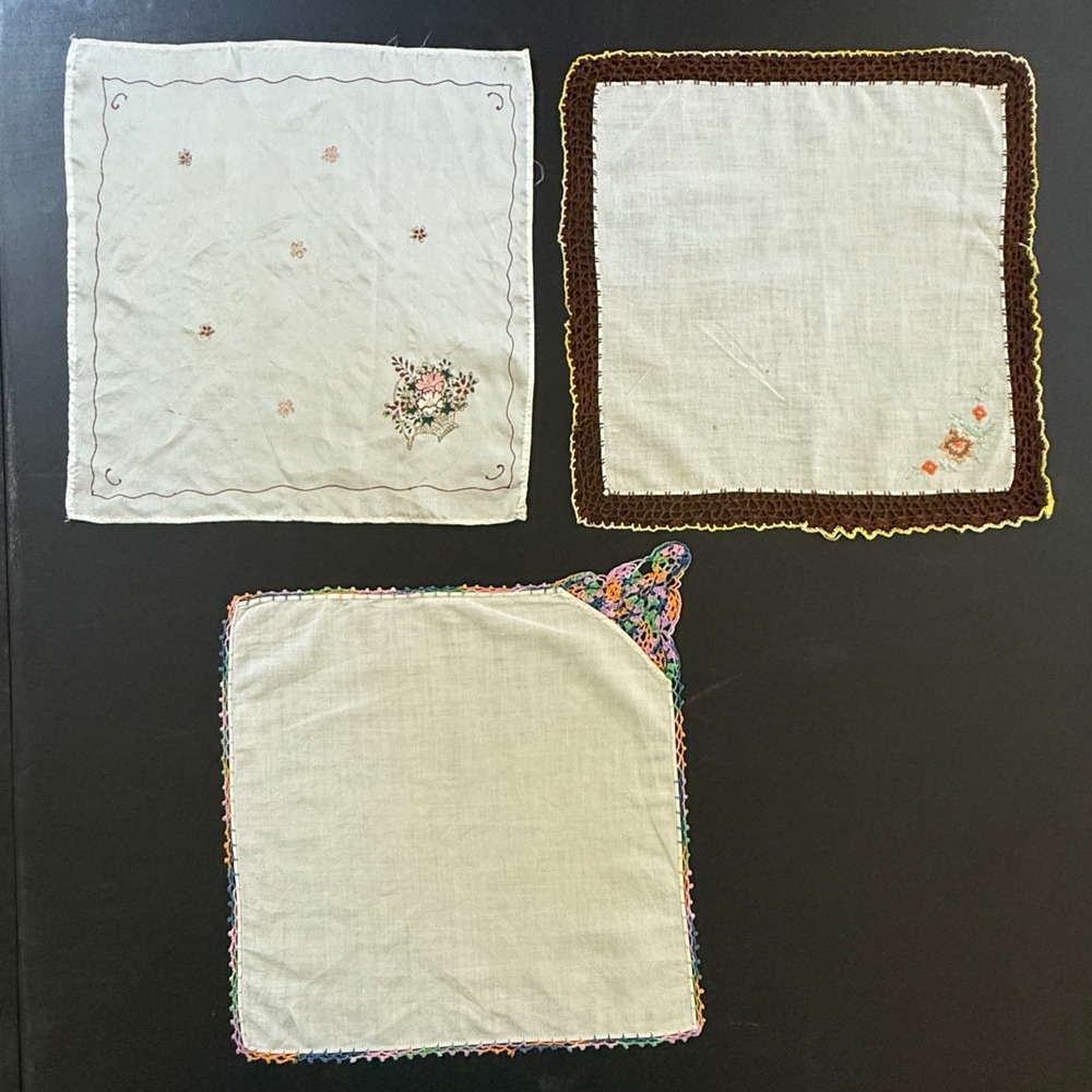 Vintage‎ Handkerchief Lot 3 Embroidered Crochet Lace Floral White Brown Multi